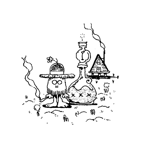 Sketch depicting a fuzzy creature beside a clay pot.
