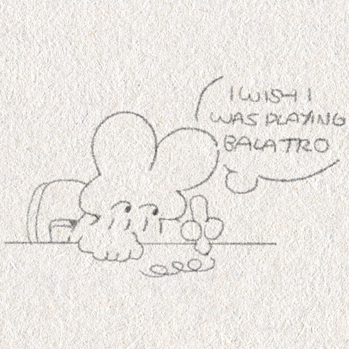Sketch of the WizWabbit drawing on a table, thinking about playing Balatro.
